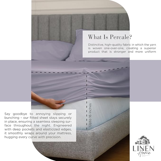Linen Home 100% Cotton Percale Sheets Twin Size Pack of 2, Prelude Purple, Deep Pocket, 6 Pieces Set- 2 Flat, 2 Fitted and 2 Pillowcases, Crisp Cool and Long Staple Strong Bed Linen