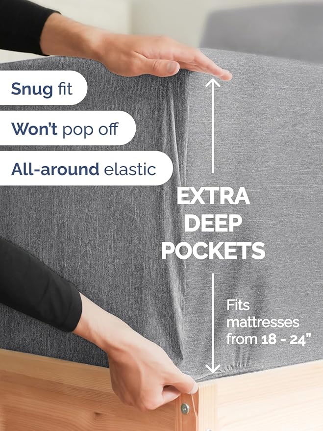 Extra Deep Queen Sheet Set - 4 Piece Breathable & Cooling - Heathered Grey | Easily Fits 18 to 24 inch Mattress - Ultra Soft, Wrinkle & Fade Free with Extra Deep Pockets - Comfy Hotel Luxury Bedding