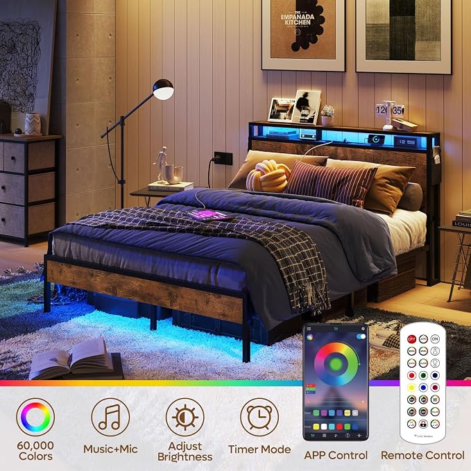 Bestier Queen Size Bed Frame with Headboard, Dual LED Platform Bed Frame with Charging Station, Non-Slip Metal Bed Frame, Noise-Free, Easy Assembly