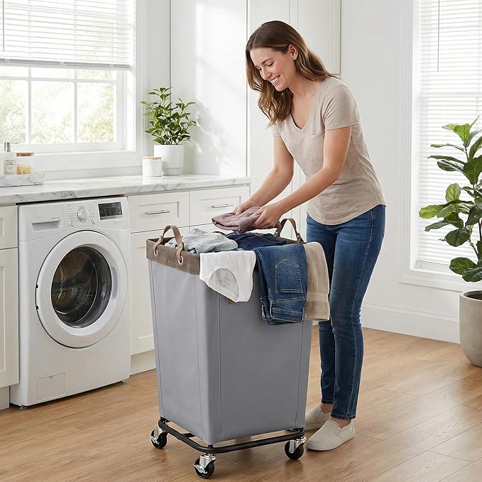 StorageWorks 160L Laundry Basket with Wheels, Rolling Hampers for Clothing | Light Grey Laundry Basket with Wheels, Metal Frame & Handles, Rolling Hamper for Bedroom, Bathroom, Dorm, Hotel