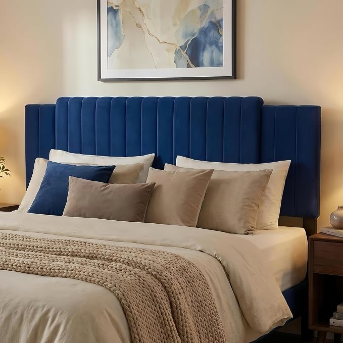 Upholstered Tufted Velvet Headboard, 3 in 1 Headboard for Full/Queen/King Size Bed, Height & Width Adjustable Head Board, Attach Frame, Study & Comfortable, Ideal for Bedroom, Dorm, Guest Room, Blue