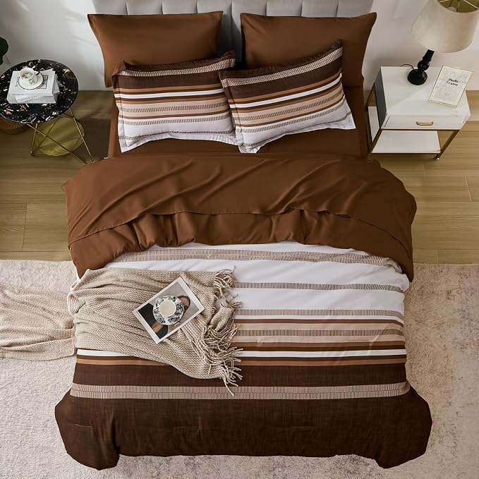Dobuyly Fall Brown Comforter Full Size Set 7 Pieces, Boho Striped Bed in a Bag Full Soft Microfiber Bedding Set with Comforter, Sheets, Pillowcases & Shams