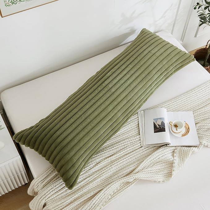 Full Body Pillow with Fluffy Stripe Faux Fur Removable Cover, Long Bed Pillow Adult 20x54 Inches for Side Sleeper and Pregnancy, Sage.