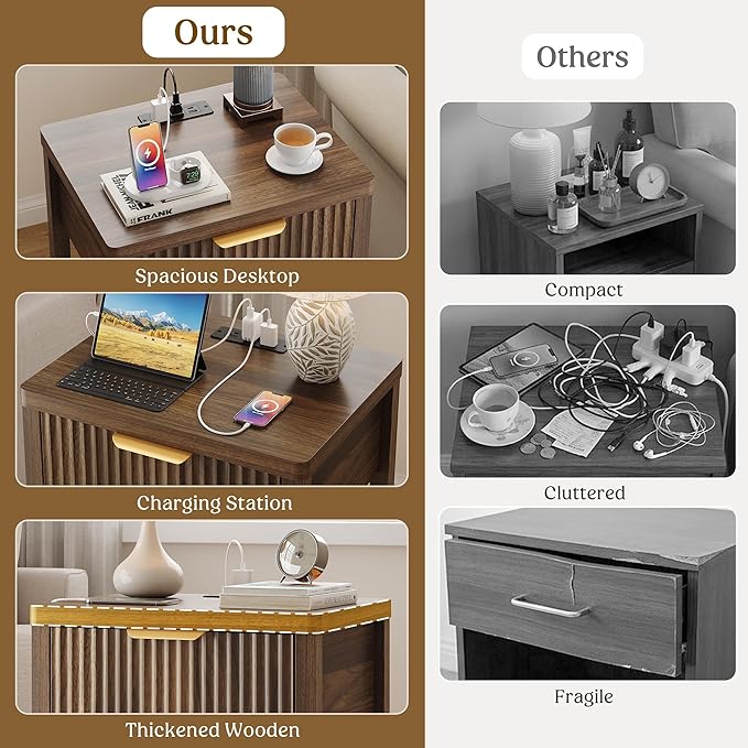 Night Stand Set 2, Fluted Wood Nightstands w/Charging Station for Bedroom | Walnut, Storage Drawer, Open Shelf, Metal Silent Rails, Round Corners, Modern Fluted Panel, Living Room, Bedside Table