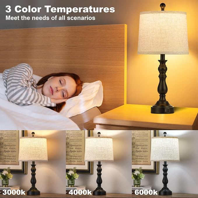 23'' Black Table Lamps Set of 2, Lamps for Bedroom, USB C+A Ports | Bedside Lamps with 3 Color Temperatures, Knob Switch, Lamps for Living Room, Office, Night Stands, End Table, Bulbs Included