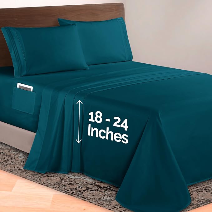 Elegant Comfort Luxurious 1500 Premium Hotel Quality Microfiber 4-Piece Sheet Set, 18-24 Inches Deep - Extra Deep Pocket Sheets - Ultra Soft 4PC Deep Pocket Sheets, King, Marine Teal