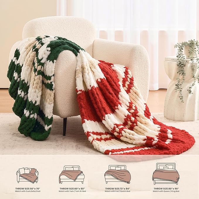 L'AGRATY Chunky Knit Throw Blanket for Couch, 60 x 80 Inches, Red Green | Handmade Chenille Crochet Blanket for Sofa Bed, Thick Cable Knitted Blankets for Room Home Decor, Birthday Gift for Women Mom