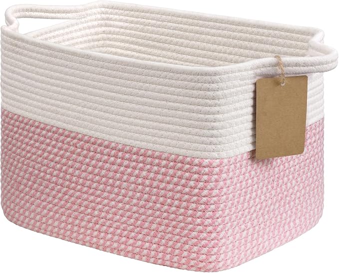 Goodpick Woven Rope Storage Basket for Shelves, Rectangle, Pink & White | 13" × 10" × 9" Stylish Gift Basket for Nursery & Bedroom Organization, Fits Toys & Baby Essentials Storage, Writable Label