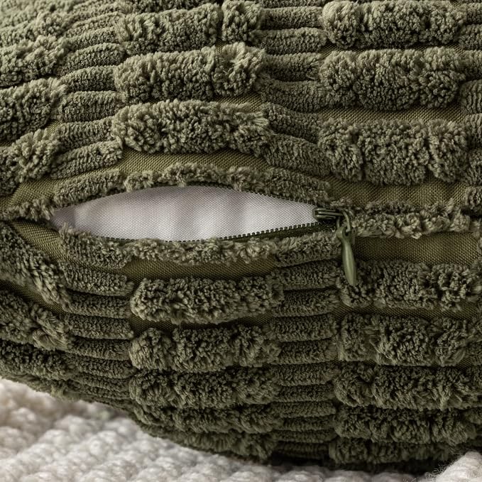 MIULEE Corduroy Decorative Throw Pillow Covers 20x20 Olive Green Pack of 2 | Soft Boho Striped Pillow Covers Modern Farmhouse Home Decor For Sofa Living Room Couch Bed