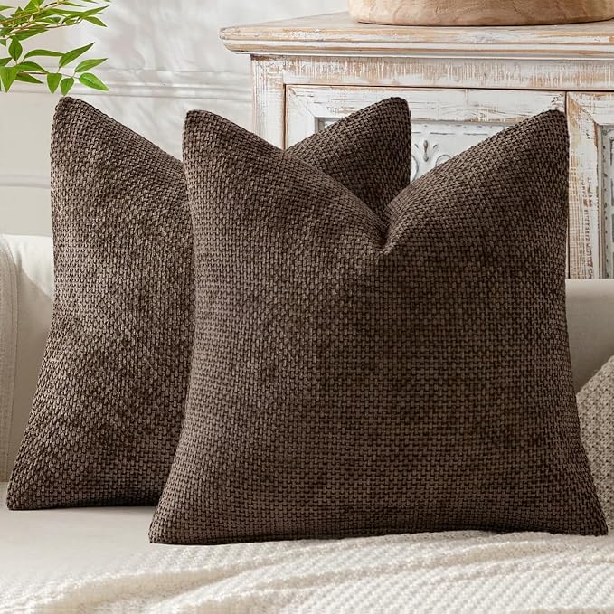 MIULEE Decorative Dark Brown Euro Sham Pillow Covers 24x24 Inch 2 Pack | Modern Boho Accent, Soft Chenille Pillow Covers, Farmhouse Cushion Cases for Home Decor Bed Sofa Living Room