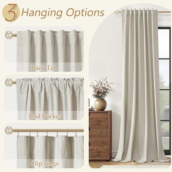 Extra Long 100% Blackout Linen Curtains for Bedroom 102 inches Long, Thermal Insulated Room Darkening Black Out Drapes for Living Room, Back Tab Rod Pocket 2 Panels Set,Eggshell Beige,52x102