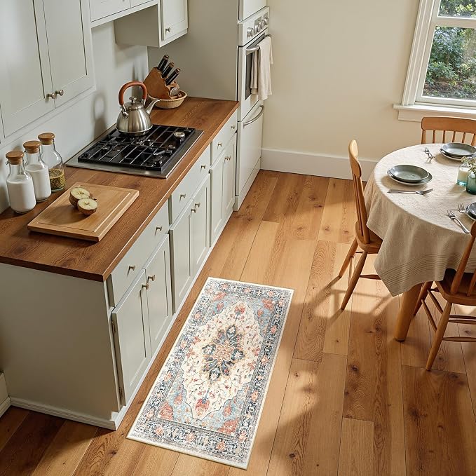RELEANY Washable Area Rug, Small 2'x4', Beige/Blue/Orange | Non-Slip, Water Repellent, Pet Friendly, Easy to Clean, Vintage Floral Boho Decor for Kitchen Entryway Bathroom