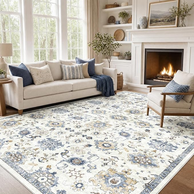 AMADA HOMEFURNISHING Washable Area Rug, Low-Profile Large Area Rug with Non-Slip Backing & Durable Edge Binding, Vintage Large Rugs for Living Room, Bedroom, Dinning Room (8x10,Blue/White)