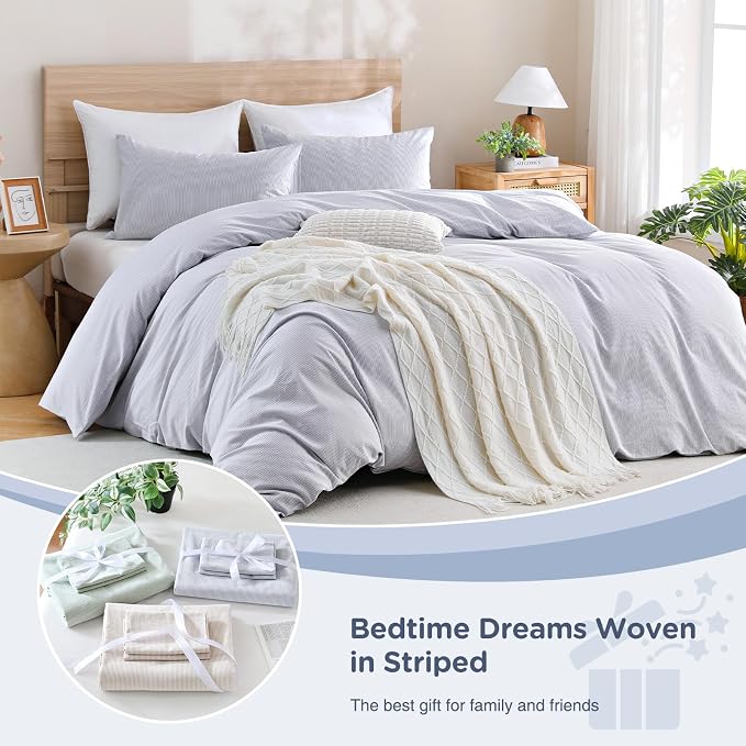 TOCOMOA Blue Striped Duvet Cover Set 100% Washed Cotton Like Linen, King | Linen-Like Feel Soft, Breathable & Comfy for All Season. Pinstriped Bedding Set with Zipper & 8 Ties. 3 Pcs, No Insert