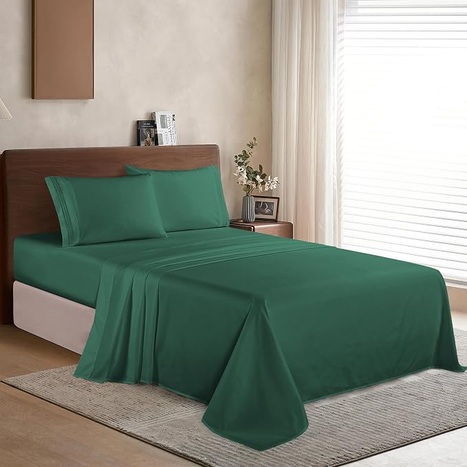 Elegant Comfort Luxury 1500 Premium Hotel Quality Microfiber 4-Piece Sheet Set - Wrinkle Resistant, All Around Elastic Fitted Sheet, Deep Pocket up to 16", King Hunter Green