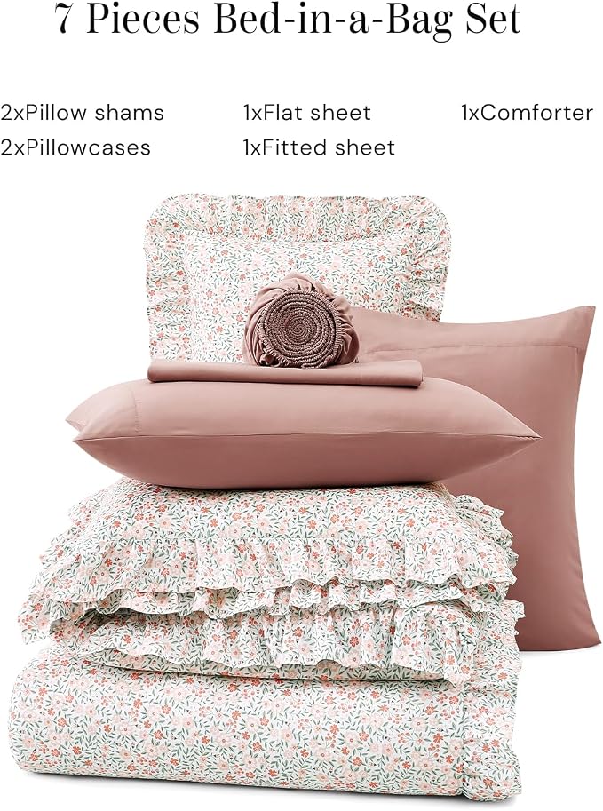 King Size Comforter Set-7 Pieces Floral Ruffle Bedding Set | Pink Ditzy Bed in a Bag, Soft Lightweight All Season Farmhouse King Size Bedding Sets with Sheets, Pillowcases & Shams