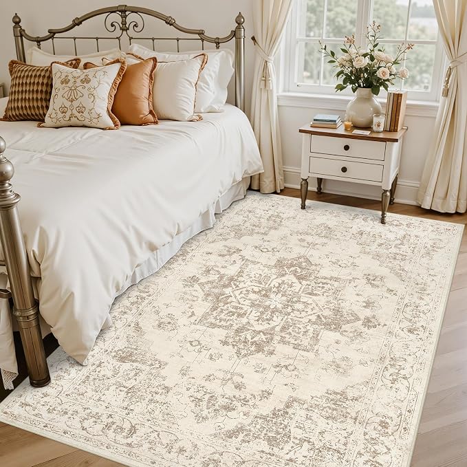 6x9 Area Rugs Living Room: Bedroom Washable Carpet Beige/Ivory | Vintage Boho Soft Small Indoor Decor Floor Non-Slip Low Pile Neutral Farmhouse Entryway Laundry Bathroom Bedroom Beside Rugs