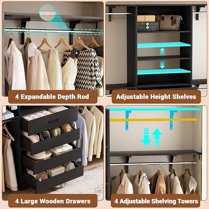 Aheaplus Closet System with 4 Drawers, 8FT Wood Closet Organizer System | 96" Closets Built In System Tower with Shelves & 4 Rods, Walk-in Closets Wardrobe Clothes Rack, Fits Spaces 4-9 ft, Black