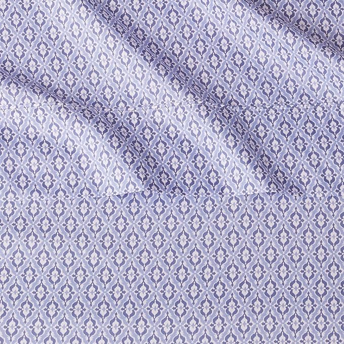 Amazon Basics Breathable Lightweight Super Soft Brushed Microfiber 4-Piece Bed Sheet Set, Wrinkle Resistant With 14" Deep Pockets, Queen, Blue Damask, Printed
