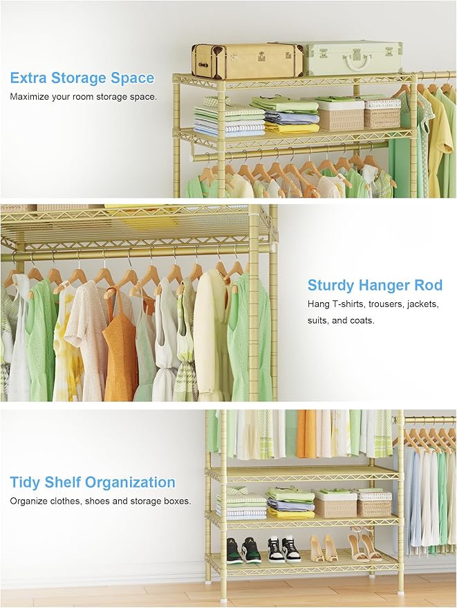 Ulif E11 Heavy-Duty Garment Rack, Metal Clothes Rack, Load 1034lbs, Gold | Freestanding Expandable Closet Storage Organizer System with 8 Shelves and 4 Hanger Rods, (73.2-97.6)"W x 14.5"D x 71.2"H