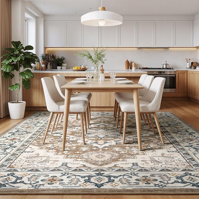 Large Area Rugs 10x14 for Living Room,Washable Rug Boho Brown Beige | Faux Wool Low Pile Area Rug for Bedroom, Floral Medallion Vintage Carpet Non-Slip, Kid & Pet Friendly, All Vacuums Compatible