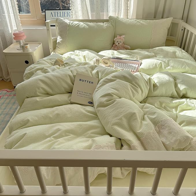 mixinni Green Gingham Duvet Cover Queen Size - 3 Piece Cottagecore Plaid Bedding Set with Lace Trim, Soft Washed Microfiber Vintage Aesthetic Grid Comforter Cover & Pillow Shams, (Green White Gingham)