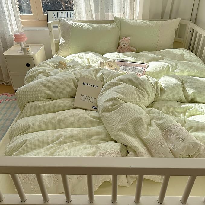 mixinni Green Gingham Duvet Cover Full Size - 3 Piece Cottagecore Plaid Bedding Set with Lace Trim, Soft Washed Microfiber Vintage Aesthetic Grid Comforter Cover & Pillow Shams, (Green White Gingham)