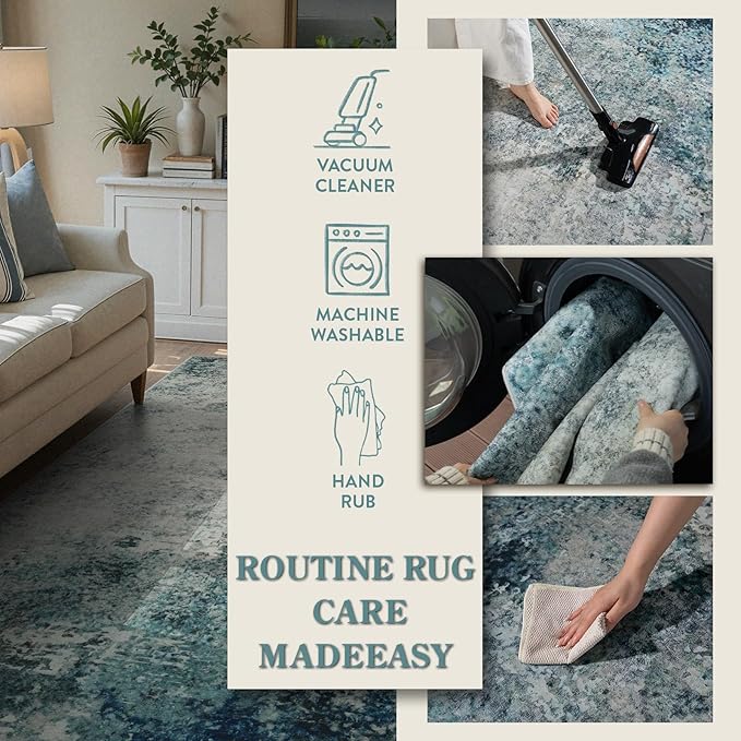 Lahome Modern Abstract Area Rug 5x7 Rugs for Living Room, Washable Accent Bedroom Rug Low Pile Non-Slip, Indoor Floor Contemporary Carpet for Kitchen Bathroom Laundry,Blue/Grey