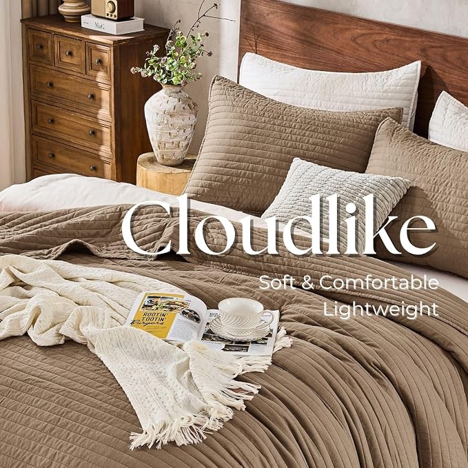 DOWN HOME King Quilt Bedding Set with Shams, Vintage Washed Soft Quilted Blanket Thin Comforter Lightweight Bedspread Coverlet Bed Cover, Brushed Microfiber Stripe Stitching, Brown, 104"x90"