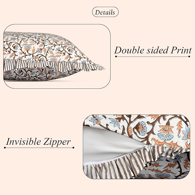 Ridhi Block Print Brown Meadow Vine Ruffle Lumbar Pillow Shams, 20" x 12" | 100% cotton, Floral Pillowcase, Cushion Cover, Hidden Zipper, Cottagecore Bedding, farmhouse boho style, fits couch, sofa,Bed