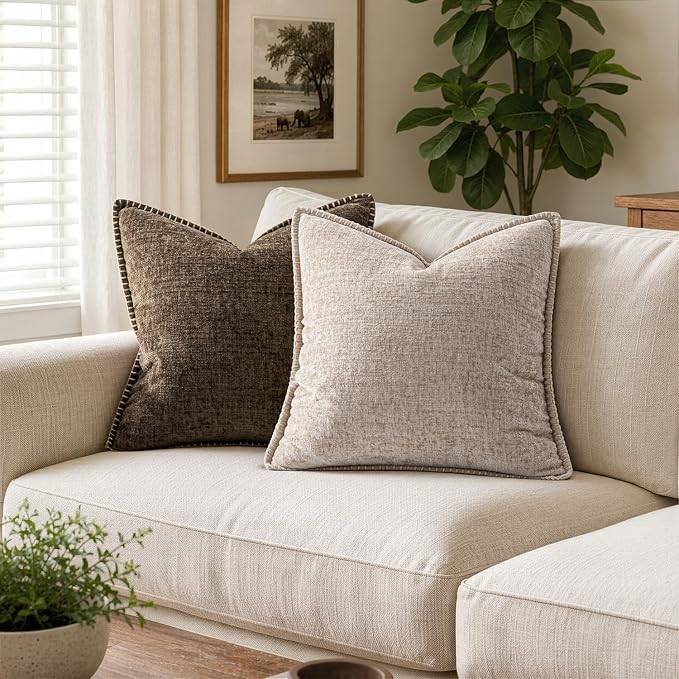MIULEE Decorative Couch Throw Pillow Covers 20x20 Inch Taupe 2 Pack | Farmhouse Pillow Covers with Stitched Edge, Soft Chenille Cushion Cases, for Sofa Bed Living Room Home Decor