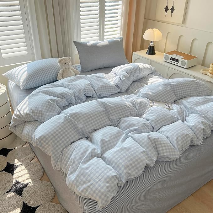 LifeTB Blue Gingham Comforter Set King 3 Pieces Blue Plaid Grid Comforter Set Geoometric Checkered Pattern Comforter with 2 Pillowcases Lightweight Soft Farmhouse Gingham Plaid Bedding Set