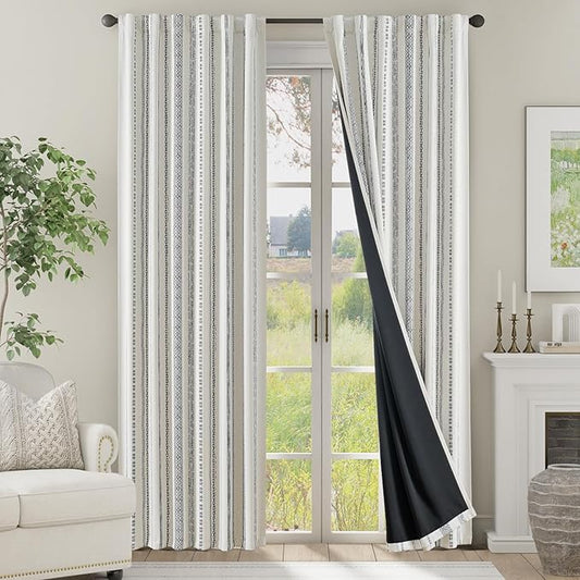 jinchan Blackout Curtains 84 Inches Long for Bedroom, Boho Insulated Curtains Black Printed on Beige Geometric Drapes Back Tab Rod Pocket Room Darkening Retro Farmhouse Pattern 2 Panels | Black on Beige Geometric Back Tab Farmhouse Curtains Room Darken...