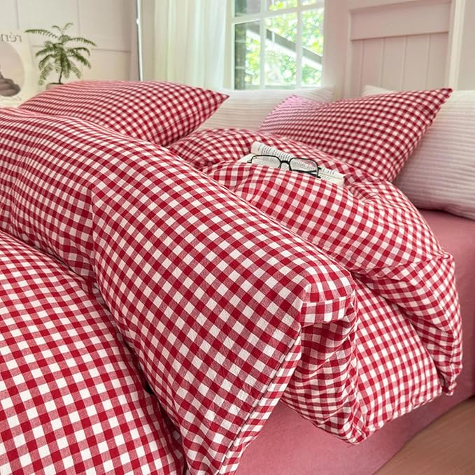LifeTB Queen Comforter Set Red Gingham Comforter Modern Style Plaid Boho Comforter Set 3 Pieces Fluffy Grid Checkered Comforter with 2 Pillowcases Farmhouse Gingham Bedding Set Queen Size