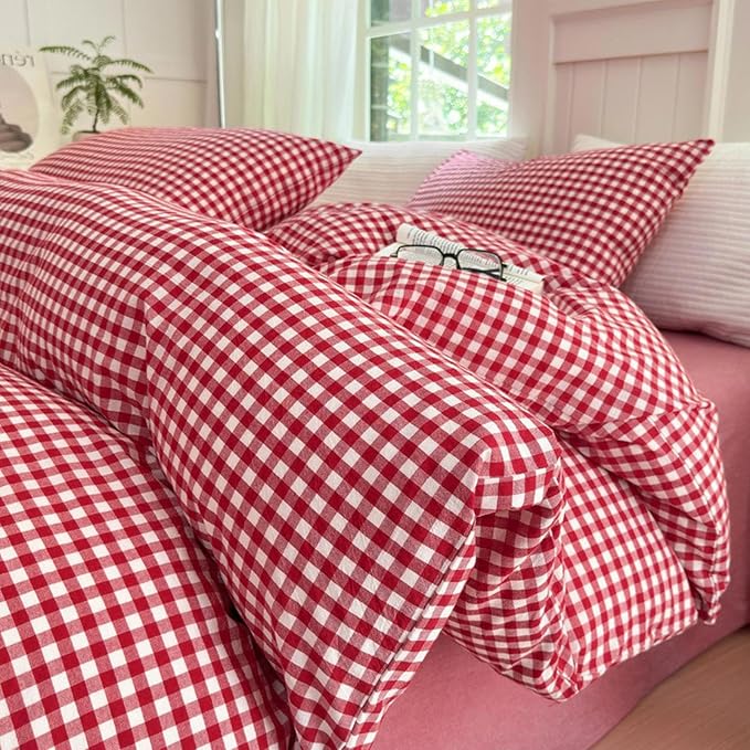 LifeTB Red Gingham Comforter Set King Modern Style Boho Plaid Comforter Set 3 Pieces Soft Fluffy Grid Checkered Pattern Comforter with 2 Pillowcases Farmhouse Gingham Plaid Bedding Set Breathable
