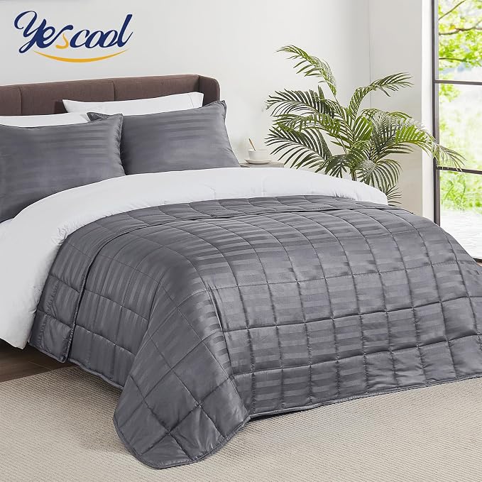 yescool Weighted Blanket for Adults (10 lbs, 48" x 72", Satin Grey Stripes) Heavy Blanket for Sleeping Perfect for 90-110 lbs, Twin Size Breathable Blanket with Premium Glass Bead, Machine Washable
