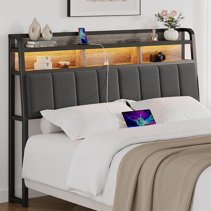 ComfyCorner Queen Size Headboard with Storage & LED Light, Black & Grey | Upholstered Ergonomic Head Board with Power Outlets & 2-Tier Storage, Queen Headboard Only, Bed Frame Mounting, Heavy Duty