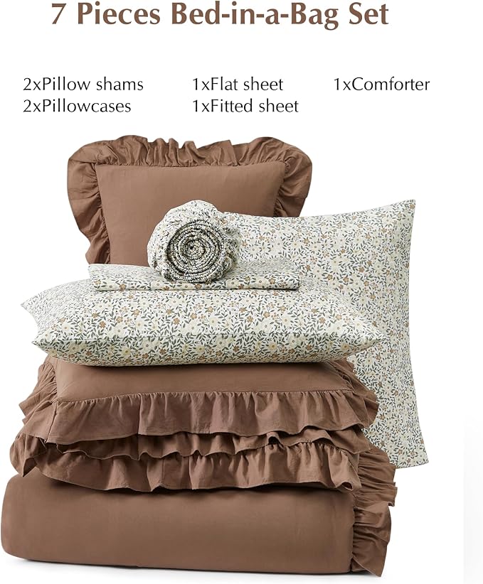 King Size Comforter Set-7 Pieces Ruffle Bedding Floral Sheet | Brown Bed in a Bag, Soft Lightweight All Season Farmhouse King Size Bedding Sets with Floral Sheets, Pillowcases & Shams