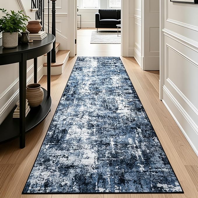 Rugflix 2'6"x10' Runner Rug for Hallway, Washable Navy Blue Long Runners | Machine Washable; Stain-resistant; Low Pile; Non-slip; Modern Abstract; Black Carpet for Entrance Kitchen Hallway Home