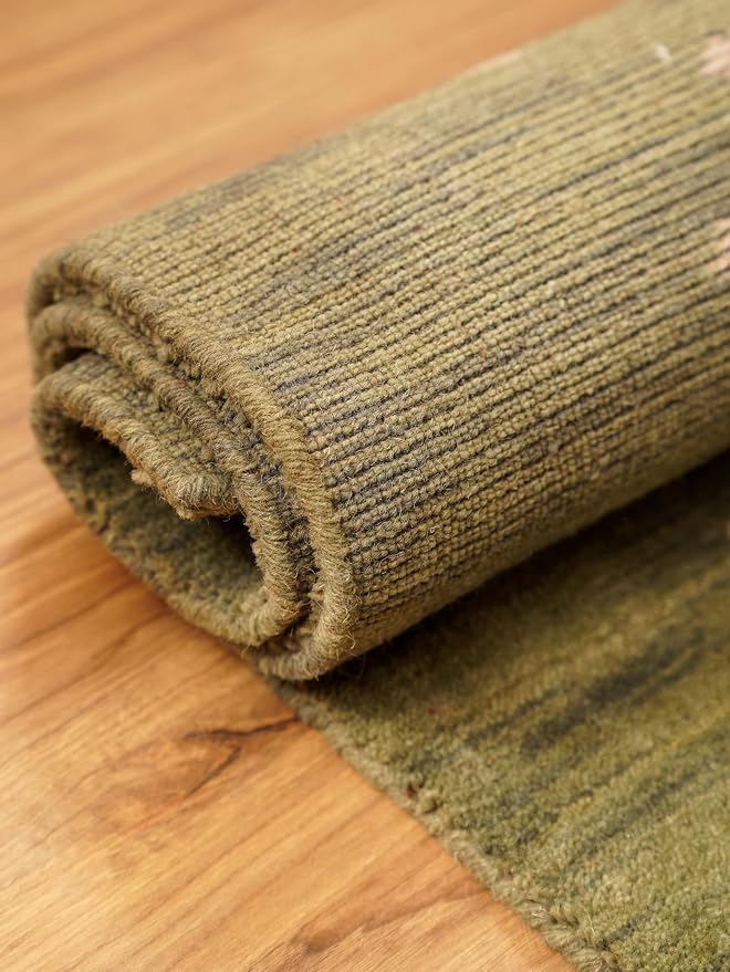 Hand Knotted Loom Wool ECO-Friendly Area Rugs - 3'x5', Rectangle Shape, Green Color, Contemporary Design, High Pile Thick Handmade Anti Skid Area Rugs for Living Room, Bed Room (L00530)