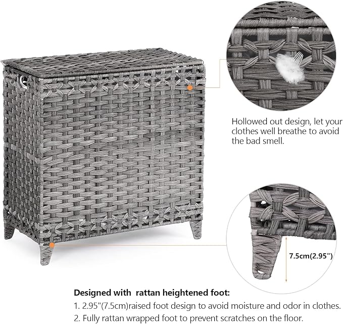 Laundry Hamper with 3 Removable Liner Bags, 132L Laundry Sorter with Lid | Raised Feet; Side Carry Handles; Handwoven PP Rattan; Rust-Resistant Iron Frame; Decorative Woven Design