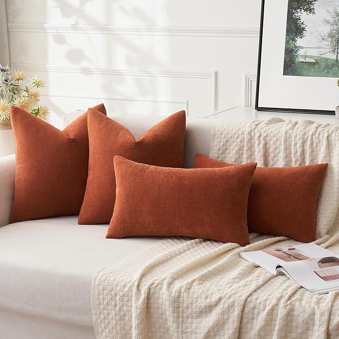 MIULEE Fall Rust Terracotta Chenille Couch Throw Pillow Covers, 18x18 | Set of 2, Soft Farmhouse Modern Home Decor, Decorative Pillowcases for Sofa Living Room Bed