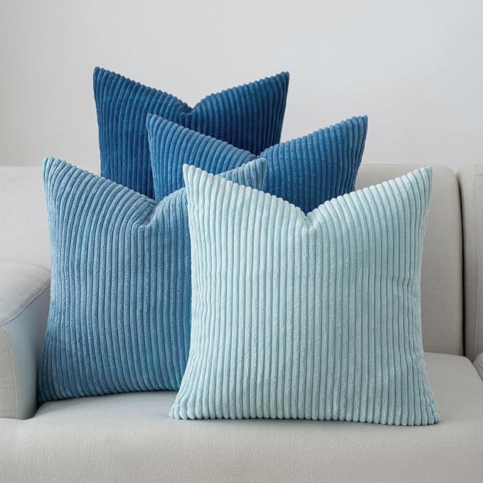 Volcanics Set of 4 Light Blue Corduroy Couch Throw Pillow Covers 18x18 in | Decorative Soft Modern Boho Striped Accent Cushion Cases for Beach, Patio, Balcony, Summer Gradient Shams Home Decor