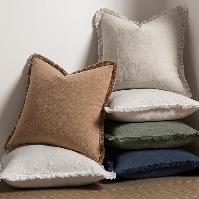 MIULEE Linen Decorative Euro Throw Pillow Covers Natural Beige 28x28 | Set of 2, Cottagecore Decor, Boho Farmhouse Neutral Pillow Covers, Rustic Fringe Couch Cushions for Sofa Bed Living Room