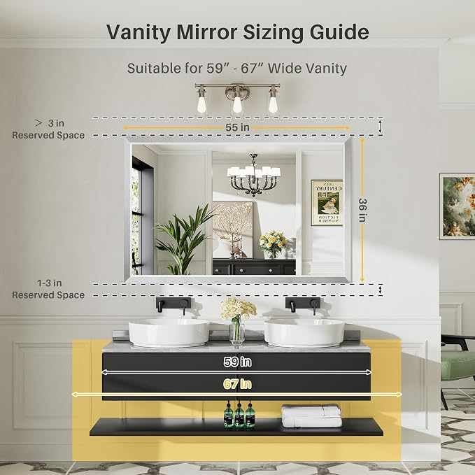 Bathroom Wall Mirror, Silver Brushed Nickel Metal Frame, 55x36 Inch | Anti-rust, HD tempered glass, for bathroom vanity, bedroom, living room, horizontal or vertical mount