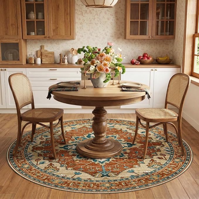 RELEANY Washable Area Rug, Round 6ft, Red/Orange/Blue/Brown | Non-Slip, Water Repellent, Pet Friendly, Easy to Clean, Vintage Floral Boho Decor for Living Room Bedroom Dining Room