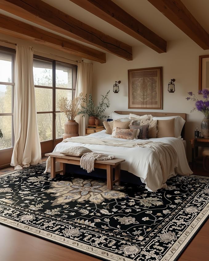 RELEANY Washable Area Rug, Large 10'x14', Black/Neutral | Non-Slip, Water Repellent, Pet Friendly, Easy to Clean, Vintage Floral Boho Decor for Living Room Bedroom Dining Room