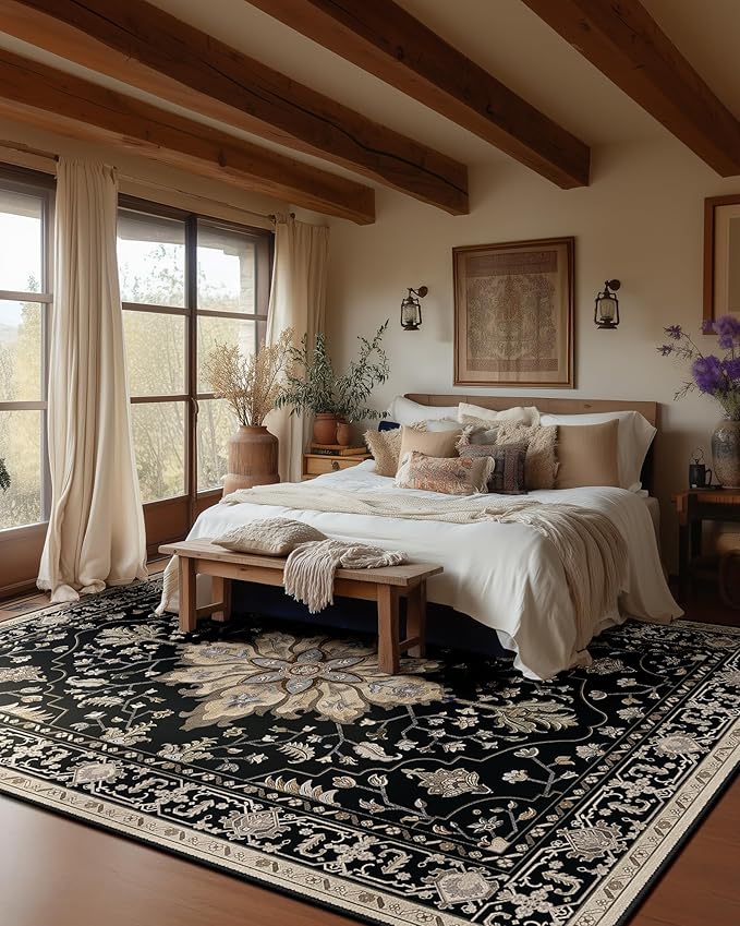RELEANY Washable Area Rug, 6'x9', Black/Neutral | Non-Slip, Water Repellent, Pet Friendly, Easy to Clean, Vintage Floral Boho Decor for Living Room Bedroom Dining Room Office