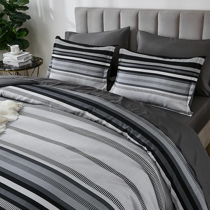 Dobuyly Black Comforter Full Size Set 7 Pieces, Boho Striped Grey Bed in a Bag Full Soft Microfiber Bedding Set for Mens with Comforter, Sheets, Pillowcases & Shams All Season