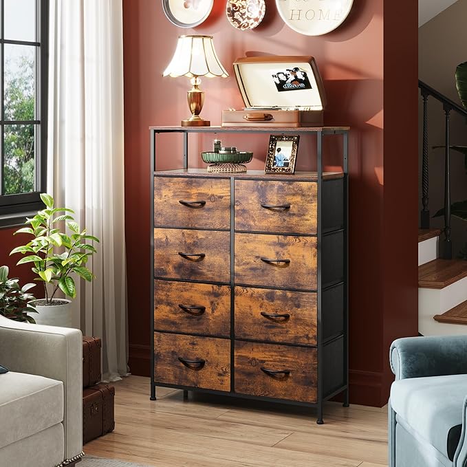 WLIVE Fabric Dresser for Bedroom with Open Shelves, Tall Dresser with 8 Drawers, Storage Tower with Fabric Bins, Chest of Drawers for Closet, Hallway, Rustic Brown Wood Grain Print | 8 fabric drawers plus open shelves, steel frame with wood top, great ...